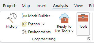 Screenshot of the 'Analysis' tab in a software interface, displaying options including History, ModelBuilder, Python, Environments, Ready To Use Tools, Tools, and a Geoprocessing section.