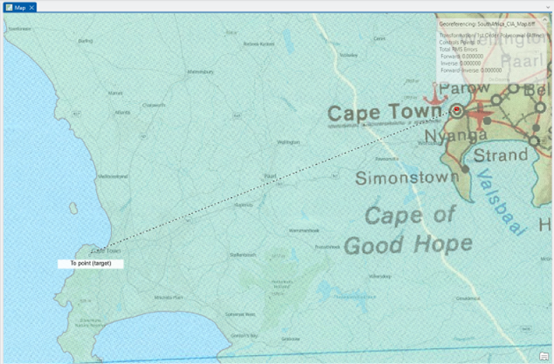 Map of the Cape Town region in South Africa, showing labeled locations including Cape Town, Nyanga, Simonstown, and the Cape of Good Hope. A dotted line extends from a coastal point labeled "To point (target)" to Cape Town. Geographic coordinates and location markers are also visible.