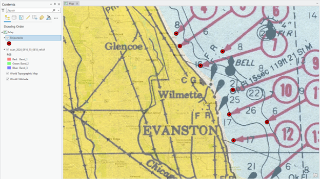 Map displaying the Illinois shoreline areas of Glencoe, Wilmette, and Evanston. Red dots along the shoreline near Wilmette and Evanston indicate shipwreck locations. The map includes roads, bodies of water, and a left-side panel showing "Shipwrecks" listed under the drawing order.