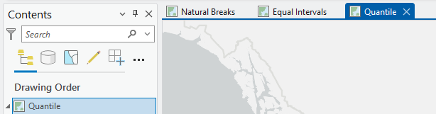 Screenshot of a GIS software interface. The left pane labeled "Contents" includes a search bar and tool icons. Under "Drawing Order," the item "Quantile" is highlighted in blue. The right side features three tabs: "Natural Breaks," "Equal Intervals," and "Quantile." The central map area displays faint outlines of geographical features.