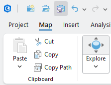 Screenshot of a GIS software interface showing a toolbar with icons for Save, Undo, and Redo. Below the toolbar are menu tabs: Project, Map (selected), Insert, and Analysis. The Map tab displays clipboard options including Paste (with dropdown), Cut (scissors icon), Copy (two documents icon), Copy Path (clipboard icon), and an Explore button with directional arrows.