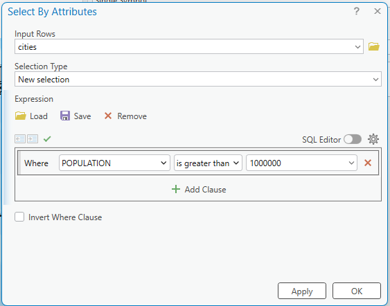 Screenshot of the "Select By Attributes" dialog box in a GIS software. The dialog includes three main sections: "Input Rows" set to "cities," "Selection Type" set to "New selection," and "Expression" with the clause “Where POPULATION is greater than 1000000.” Buttons for loading, saving, and removing expressions are present. At the bottom, there are “Apply” and “OK” buttons.