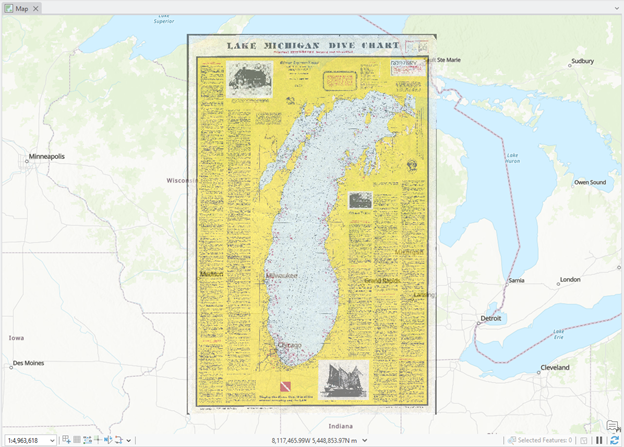 Map titled "Lake Michigan Dive Chart" overlaid on a broader geographical map of the United States and Canada. The dive chart highlights various diving locations in Lake Michigan using symbols and descriptive labels. The background map includes major cities such as Minneapolis, Detroit, and Cleveland, and regions like Wisconsin and Ontario.
