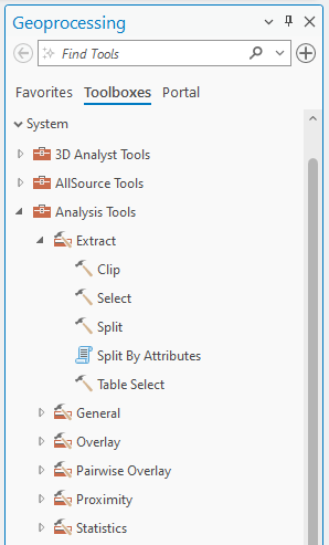 Screenshot of the Geoprocessing pane in GIS software with the Toolboxes tab selected. The pane displays tool categories such as 3D Analyst Tools, AllSource Tools, and Analysis Tools. Under Analysis Tools, subcategories include Extract (Clip, Select, Split), Split By Attributes (Table Select), General, Overlay, Pairwise Overlay, Proximity, and Statistics.
