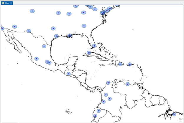 Map showing North and Central America, with parts of South America and the Caribbean. Blue circles mark various locations, densely clustered in the eastern United States, Mexico, Central America, and northern South America. Countries and coastlines are outlined in black on a white background, illustrating geographic distribution of data points.