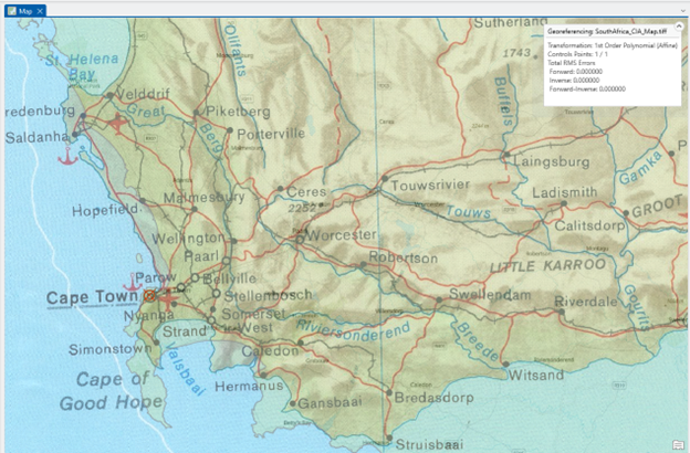 A detailed map of the southwestern region of South Africa, featuring major cities and towns including Cape Town, Paarl, Stellenbosch, Worcester, and Swellendam. The map displays geographical features such as rivers and mountain ranges, and includes coastal labels like St. Helena Bay and Cape of Good Hope along the Atlantic Ocean. An information box in the upper right corner contains georeferencing data.