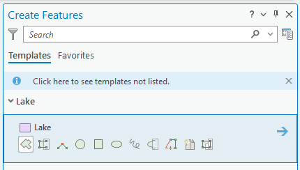Screenshot of a software interface for creating features. The interface includes a search bar, tabs labeled 'Templates' and 'Favorites,' and a message stating 'Click here to see templates not listed.' Below, a section labeled 'Lake' displays a purple square icon labeled 'Lake.' Various icons for drawing shapes like polygons, circles, and lines are shown.