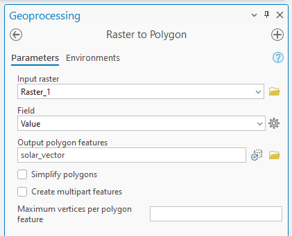 Screenshot of the "Raster to Polygon" Geoprocessing tool window in a GIS application. The Parameters tab is active, showing fields for Input raster, Field, Output polygon features, and options to Simplify polygons and Create multipart features. A field for Maximum vertices per polygon feature is also visible.