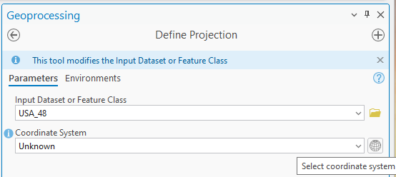 Screenshot of the 'Define Projection' tool in geoprocessing software. The interface includes parameters for 'Input Dataset or Feature Class,' set to 'USA_48,' and 'Coordinate System,' currently set to 'Unknown.' An option to select a coordinate system is available at the bottom right.