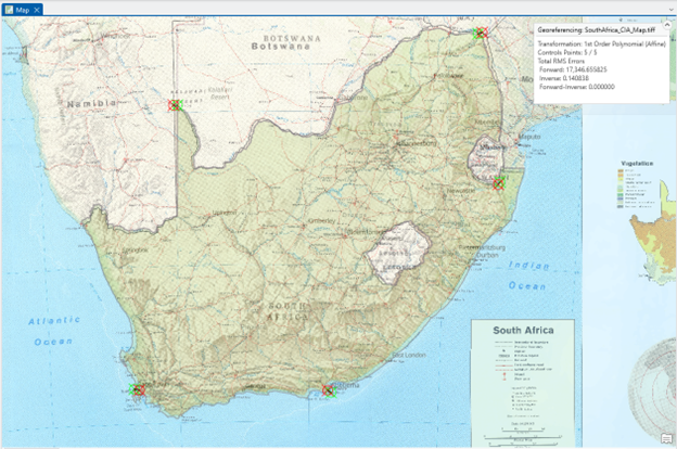 A detailed topographic map of South Africa and neighboring countries including Namibia, Botswana, Zimbabwe, Mozambique, and Eswatini. The map displays geographical features such as mountains, rivers, and cities, with several marked points using red and yellow symbols. A legend in the bottom right corner explains the symbols, and an inset shows vegetation types across South Africa. Georeferencing data is included, noting a 1st Order Polynomial (Affine) transformation with 7 control points and a total RMS error of 1.17.
