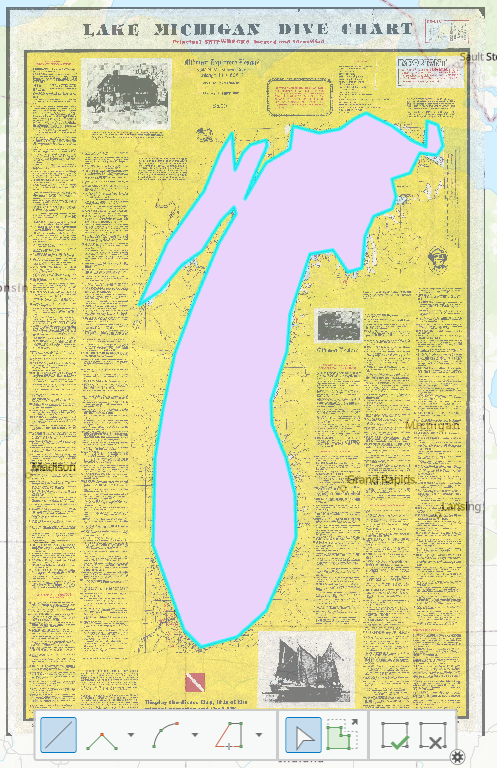 Detailed dive chart titled 'Lake Michigan Dive Chart' featuring a light purple outline of Lake Michigan centered on a yellow background. The map includes extensive textual annotations, black-and-white images, and various symbols such as arrows, shapes, and checkboxes at the bottom.