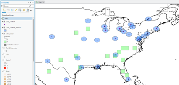 GIS map of the eastern United States showing blue circles representing cities and green squares indicating dataset values. The left-side "Contents" panel lists layers including "cities_Twilio," "gridcode," and "World_Countries," with corresponding symbols and drawing order. The map is used for spatial analysis within a GIS software interface.