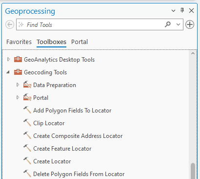 GeoAnalytics Desktop Tools” and “Geocoding Tools.” Under Geocoding Tools, there are two subcategories: “Data Preparation” and “Portal.” The Portal section displays six tools: Add Polygon Fields to Locator, Clip Locator, Create Composite Address Locator, Create Feature Locator, Create Locator, and Delete Polygon Fields From Locator.