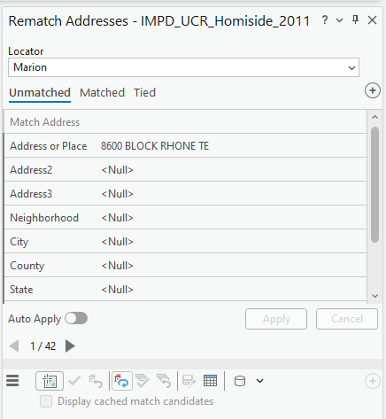 Screenshot of the Rematch Addresses pane in ArcGIS Pro for the dataset IMPD_UCR_Homicide_2011. The Locator is set to Marion. The Unmatched tab is active, showing one record with the match address “8600 BLOCK RHONE TE.” Other fields such as Address2, Address3, Neighborhood, City, County, and State display . Auto Apply is toggled on, and navigation shows record 1 of 42. Apply and Cancel buttons are present but inactive.