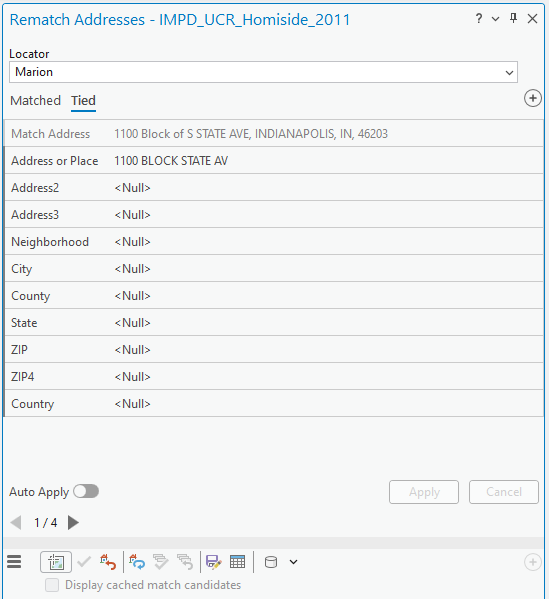 Screenshot of the Rematch Addresses pane in ArcGIS Pro for the dataset IMPD_UCR_Homicide_2011. The Locator is set to Marion, and the Tied tab is active. The match address is “1100 Block of S STATE AVE, INDIANAPOLIS, IN, 46203,” while the original address or place is “1100 BLOCK STATE AV.” Other fields such as Address2, Address3, Neighborhood, City, County, State, ZIP, ZIP4, and Country display . Auto Apply is off. Apply and Cancel buttons are inactive. Navigation shows record 1 of 4, with options to display cached match candidates at the bottom.