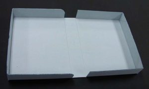 Finished corrugated clamshell box, open