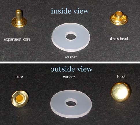 Two brass rivet parts and one plastic washer