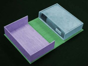 Color-coded illustration of the 3 parts that make up a cloth-covered clamshell box