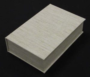 Finished cloth-covered clamshell box, closed