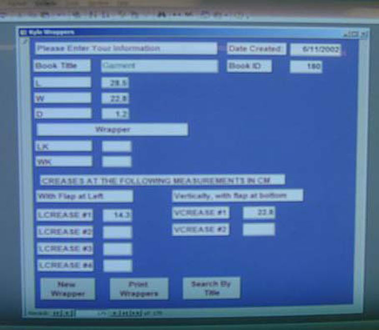 Form on the computer screen of the database used to calculate the folds cuts for the Kyle Wrapper