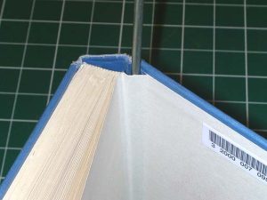 Loose hinge, with endpaper and spine lining pulling away from the case