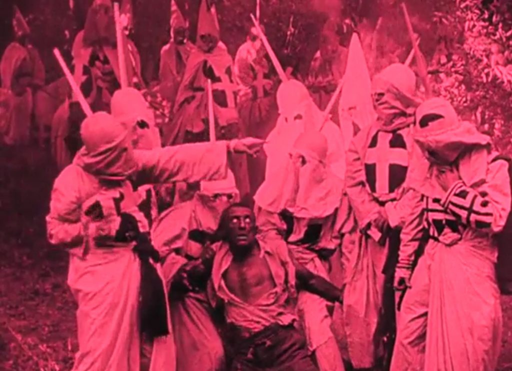 The Ku Klux Klan prepares to lynch Gus in The Birth of a Nation (screen capture by author).