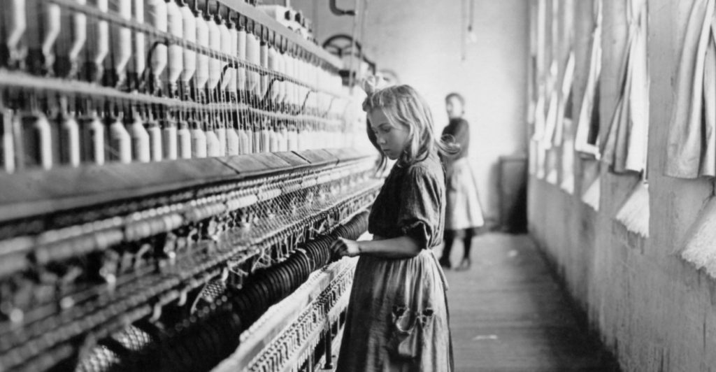 Laboring European immigrants in textile mills (“Sadie Pfeiffer, Spinner in Cotton Mill, North Carolina,” by Lewis W. Hine, 1910).