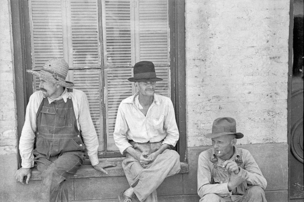 White sharecroppers. “Frank Tengle, Bud Fields, and Floyd Burroughs, cotton sharecroppers, Hale County, Alabama,” by Walker Evans, 1936 (courtesy Library of Congress Prints and Photographs Division).