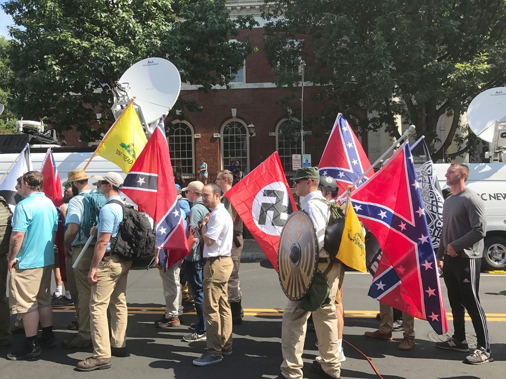 Protestors and antiprotestors in Charlottesville, Virginia, August 12, 2017 (photo by Anthony Crider, CC BY 2.0).