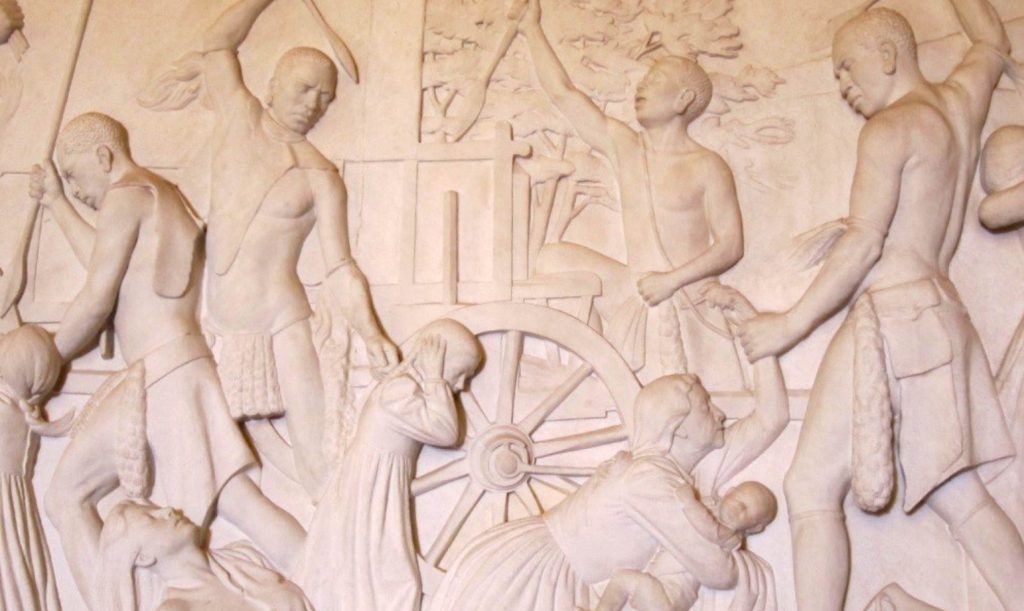 Marble frieze inside the Voortrekker Monument depicting the slaughter of Voortrekker women and children by Dingane’s warriors after Dingane’s betrayal of Piet Retief in 1838 (photograph by author).