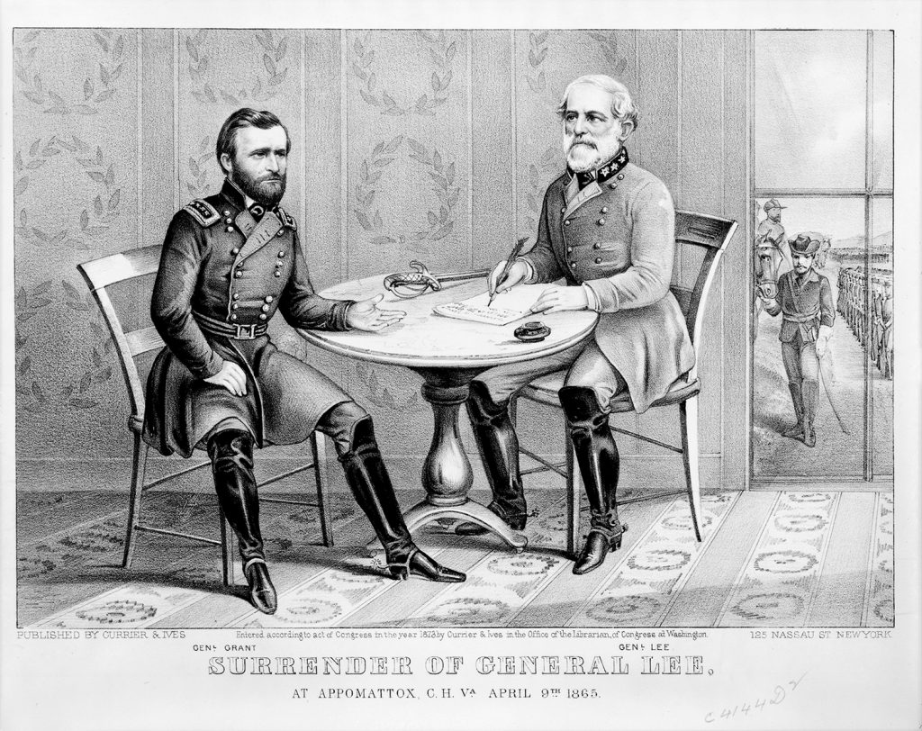 “Surrender of General Lee—at Appomattox, C.H. Va. April 9th 1865" (Currier and Ives, Library of Congress Prints and Photographs Division).