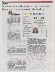 Image of the Richmond High School Register article by Kate Ream. Article is titled: Students Should Not Face Discrimination Because of their Sexual Orientation.