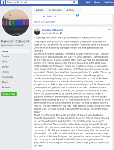 A message from one of the original members of Rainbow Richmond Great first Pride FESTIVAL to mark the return of Rainbow Richmond. For those of you not aware of its history, Rainbow Richmond came into being in 2006 when a small group of people living in the area got together and formed it. We chose the name, Rainbow Richmond, to align with IUE's club, Rainbow Alliance (now called alliance). On June 10, 2006, Rainbow Richmond held its first Pride event, a picnic in Glenn Miller Park. We held this annual pride picnic every year for seven years. Pal-Item showed up at the 2008 picnic (held at Middlefork Reservoir). During our regular meetings, we discussed many things: Outreach, pride parades, protecting vulnerable members who were afraid of losing their jobs if we became political or too visible. We set up a G-mail account (still active), created a website, had a Google phone number (which rang through to my home). We hosted a booth at 4th Street Fair, an outreach resource to the local community. One day, a student stopped by from RHS to ask us for advice on setting up a GSA. Parents and grandparents stopped by to ask for advice about their children who were coming out. We supported a local PFLAG group who had recently formed. Half of our group wanted to be political and fully out, wanting to rent a storefront downtown and be visible and politically active. We investigated establishing ourselves as a 501-C. The other half did not. We relied on word of mouth for most of our membership. By 2013, we had 55 people on our e-mail list. We had marched in two Indy Pride parades, where, along the entire parade route, we were treated to shouts from the crowd, "Richmond has a group!" Those were the good days when we believed that we were building a powerful organization. For that last picnic, however, only 10 people showed up. Meeting attendance had dwindled. Our monthly social events were sparsely attended. The committee still actively running it (myself included) decided to stop the picnics and other events. We stopped meeting. We gave our money to PFLAG and closed our doors. Fortunately, Ben discovered us. He wanted to hold a Richmond Pride Festival. And because we saw a way for a rebirth of Rainbow Richmond, we granted the use of its name. We urge the community to see RAINBOW RICHMOND as an organization with ENDURANCE with its rightful inception of 2006. It was quiet for 4 years, but still here.