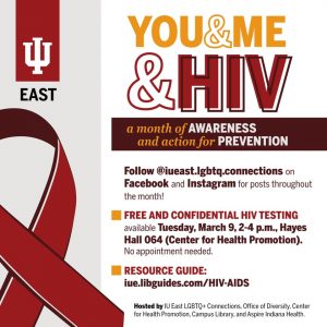 A red ribbon in support of HIV awareness month, along with IU East logo.