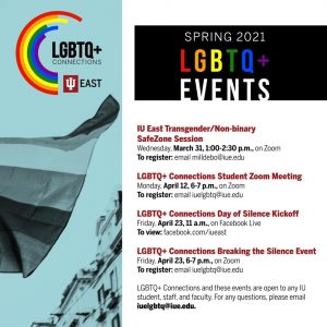 Tinted blue image of the gay pride flag along with LGBTQ+ Connections logo and list of Spring 2021 events.