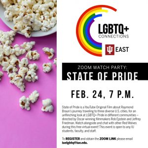 Flyer for film showing event. Contains image of popcorn and LGBTQ+ Connections logo.