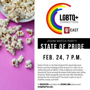 Bowl of popcorn and LGBTQ+ Connections logo.