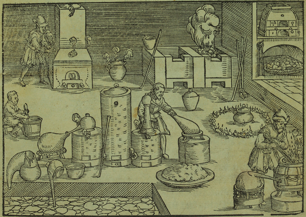 A sketch depicts 4 people stirring and handling chemicals. The chemicals are held in a variety of barrels and large cylinders. Several of the containers are being heated over burning embers. A large stove in the laboratory is filled with burning embers. There is also a large chest in the corner that is producing steam.