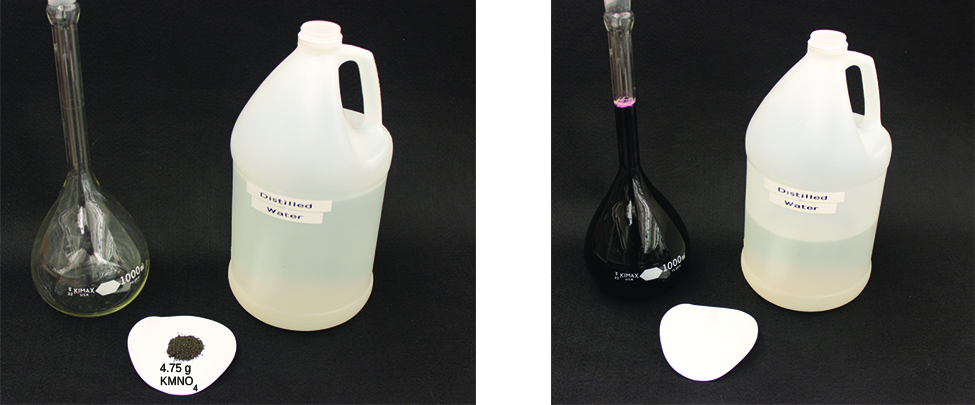 This figure shows two photos. In the first, there is an empty glass container, 4.75 g of K M n O subscript 4 powder on a white circle, and a bottle of distilled water. In the second photo the powder and about half the water have been added to the glass container. The liquid in the glass container is almost black in color.