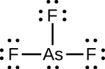 A Lewis structure shows an arsenic atom single bonded to three fluorine atoms. Each fluorine atom has a lone pair of electrons.
