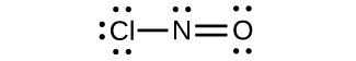 A Lewis structure shows a nitrogen atom with a lone pair of electrons single bonded to a chlorine atom that has three lone pairs of electrons. The nitrogen is also double bonded to an oxygen which has two lone pairs of electrons.
