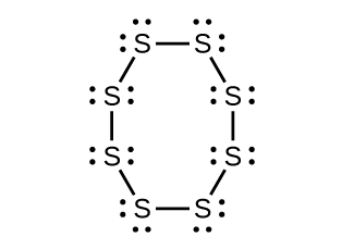 A Lewis structure is shown in which eight sulfur atoms, each with two lone pairs of eletrons, are single bonded together into an eight-sided ring.