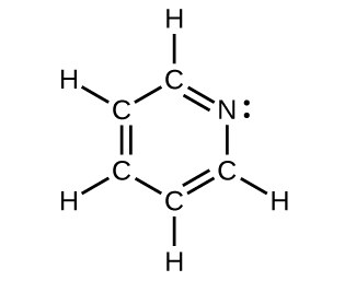 A Lewis structure is shown in which a hexagonal ring structure is made up of five carbon atoms and one nitrogen atom with a lone pair of electrons. There are alternating double and single bonds in between each carbon atom. Each carbon atom is also single bonded to one hydrogen atom.