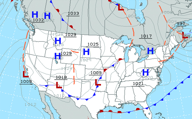 A weather map of the United States is shown which points out areas of high and low pressure with the letters H in blue and L in red. Curved lines in grey, orange, blue, and red are shown. The orange lines are segmented. The red and blue lines have small red or blue semi-circles and triangles attached along their lengths. In dashed white lines, latitude and longitude are indicated. Underlined three and four digit numbers also appear across the map.