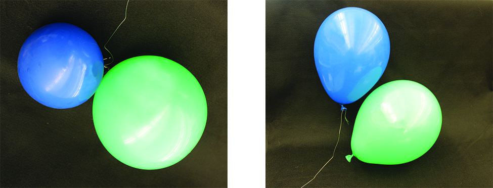 This figure shows two photos. The first photo shows a blue balloon which floats above a green balloon. The green balloon is resting on a surface. Both balloons are about the same size. The second photo shows the same two balloons, but the blue one is now smaller than the green one. Both are resting on a surface.