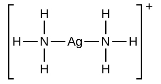 A structure is shown in brackets. The structure has a central A g atom to which N atoms are single bonded to the left and right. Each of these atoms N atom has H atoms single bonded above, below, and to the outer end of the structure. Outside the brackets is a superscripted plus.
