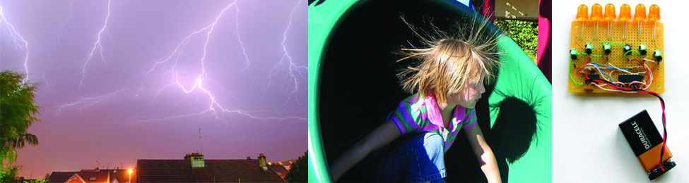 Three photographs are shown in this figure. The first shows lightning against a dark evening sky. The second shows a child at the open base of a green plastic playground tube slide. The child’s hair is sticking up and the child’s shadow on the base of the slide shows the child’s hair sticking up and out in all directions. The final picture shows a 9 volt battery from which red and blue coated wire that is twisted together extend from the battery terminals to the lower region of a yellow platform or board. Above this region are six resistors in a horizontal row, evenly spaced horizontally across the span of the board. Green, blue, and white wires are also visible on the board. 6 orange L E D light bulbs extend from the upper edge of the platform in a horizontal line parallel to the pegs.