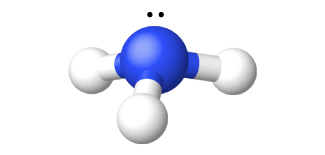 A ball-and-stick model shows a nitrogen atom single bonded to three hydrogen atoms. There is a lone pair of electron dots that appears above the nitrogen atom.