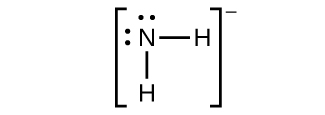This Lewis structure shows a nitrogen atom with two lone pairs of electrons single bonded to two hydrogen atoms. The structure is surrounded by brackets. Outside and superscript to the brackets is a negative sign.