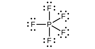 This Lewis structure shows a phosphorus atom single bonded to five fluorine atoms, each with three lone pairs of electrons.